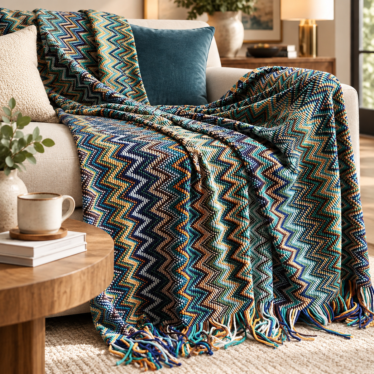 Zigzag Soft Boho Throw Blanket with Tassels