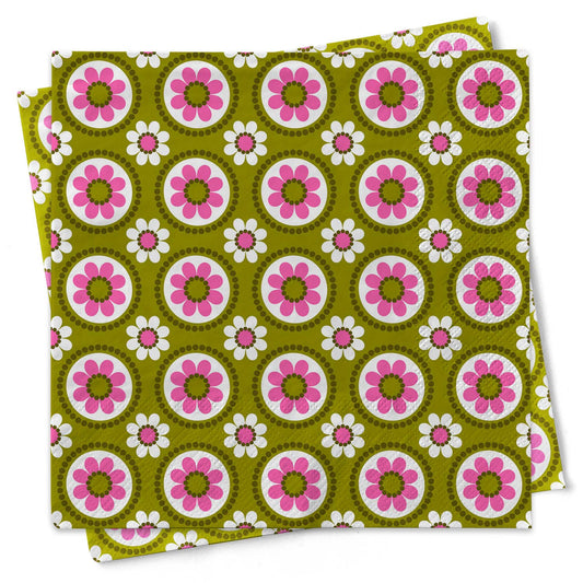 Retro Groovy Floral Pink and Green Cocktail Beverage Napkin
