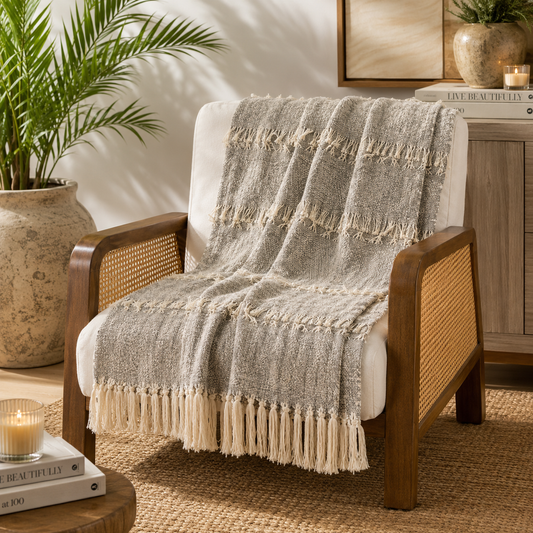 Gray Striped Fringe Cotton Throw Blanket - 50"x60"