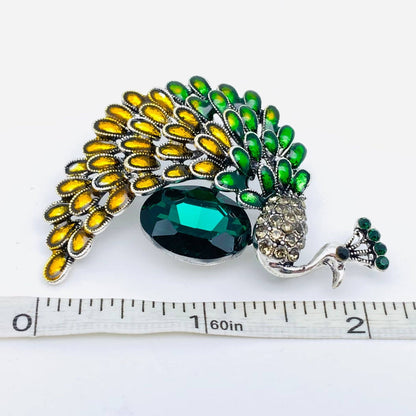 Enamel Colored Rhinestone Peacock Brooch