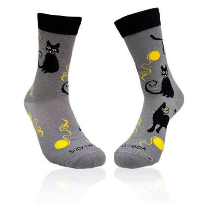 Black Cat Playing with Yarn Socks (Adult Medium)