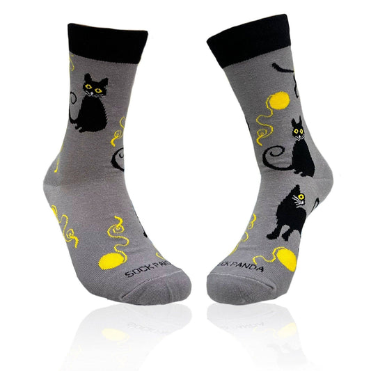 Black Cat Playing with Yarn Socks (Adult Medium)