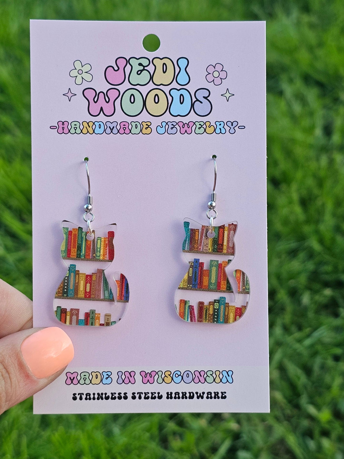 Book Shelf Cat Shaped Acrylic Earrings