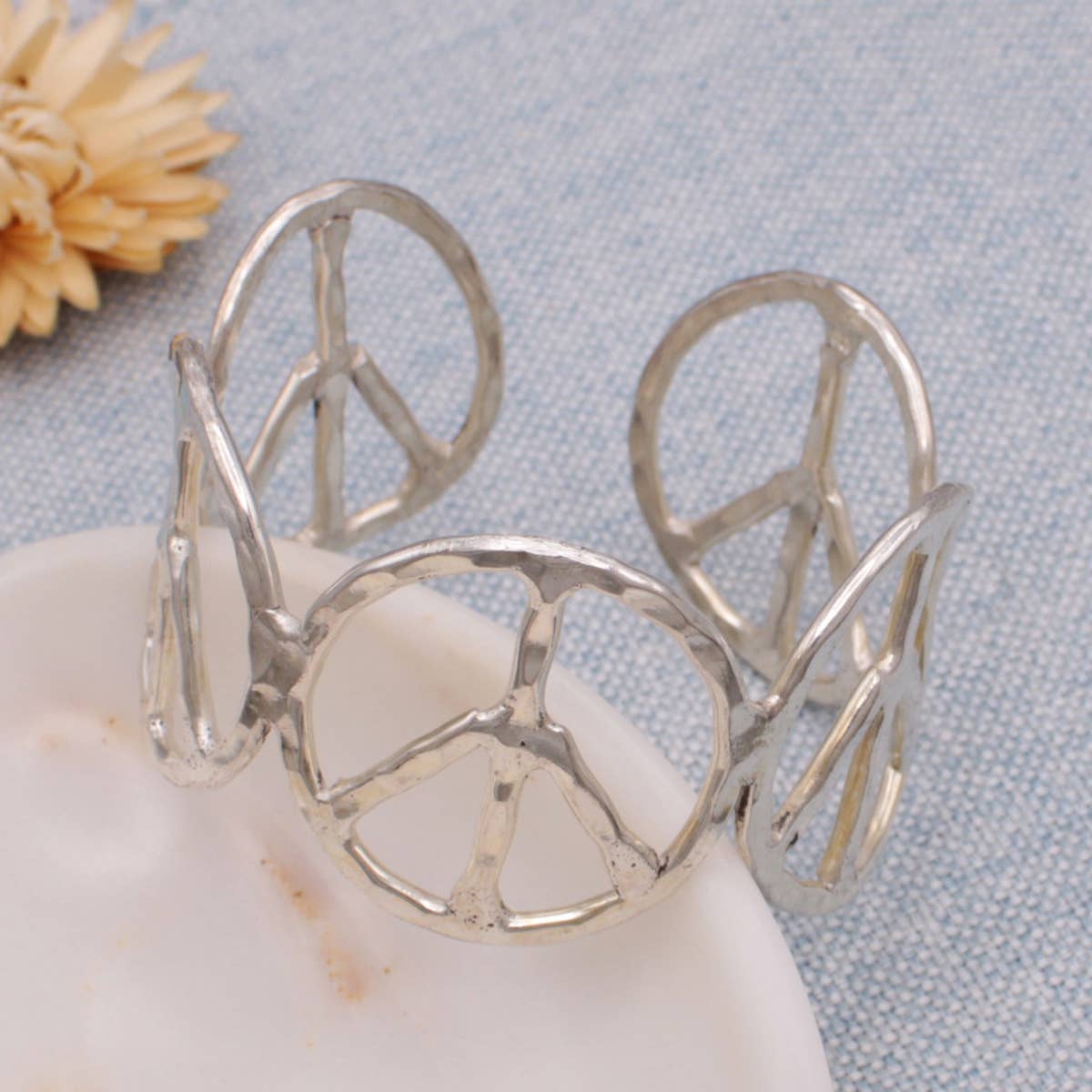 Woodstock Vibes Silver Peace Sign Cuff Bracelet