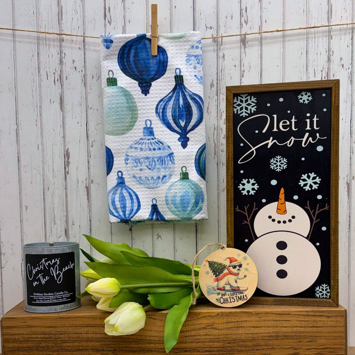 Blue Christmas Ornaments - Holiday Decor Waffle Tea Towels