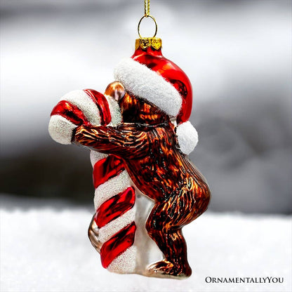 Monkey w/Candy Cane Glass Ornament