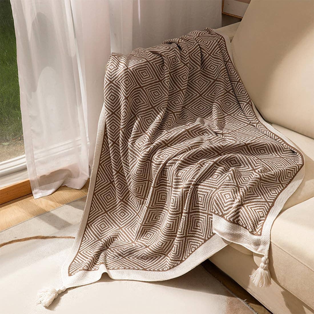 Geometric Diamond Check 50"x60" Throw Blanket with Tassel