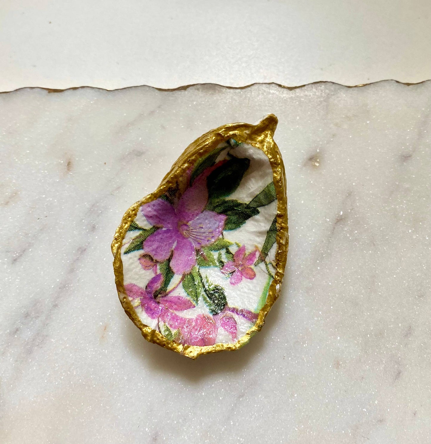 Purple Floral Oyster Shell Jewelry Dish