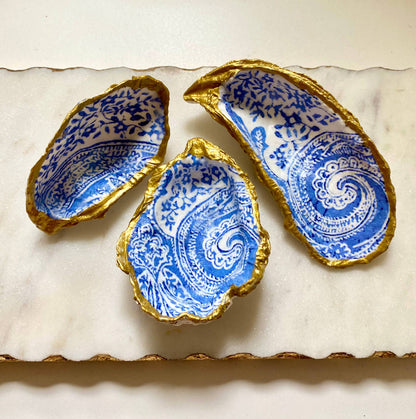 Blue Paisley Oyster Shell Jewelry Dish
