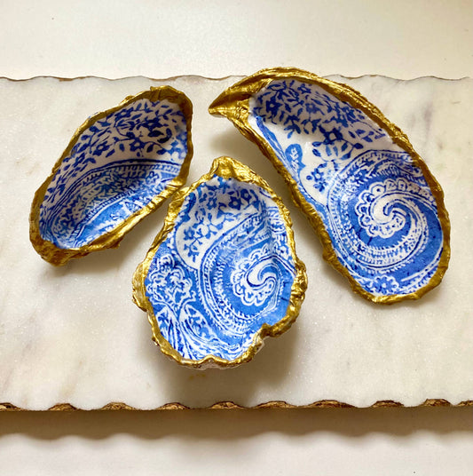 Blue Paisley Oyster Shell Jewelry Dish