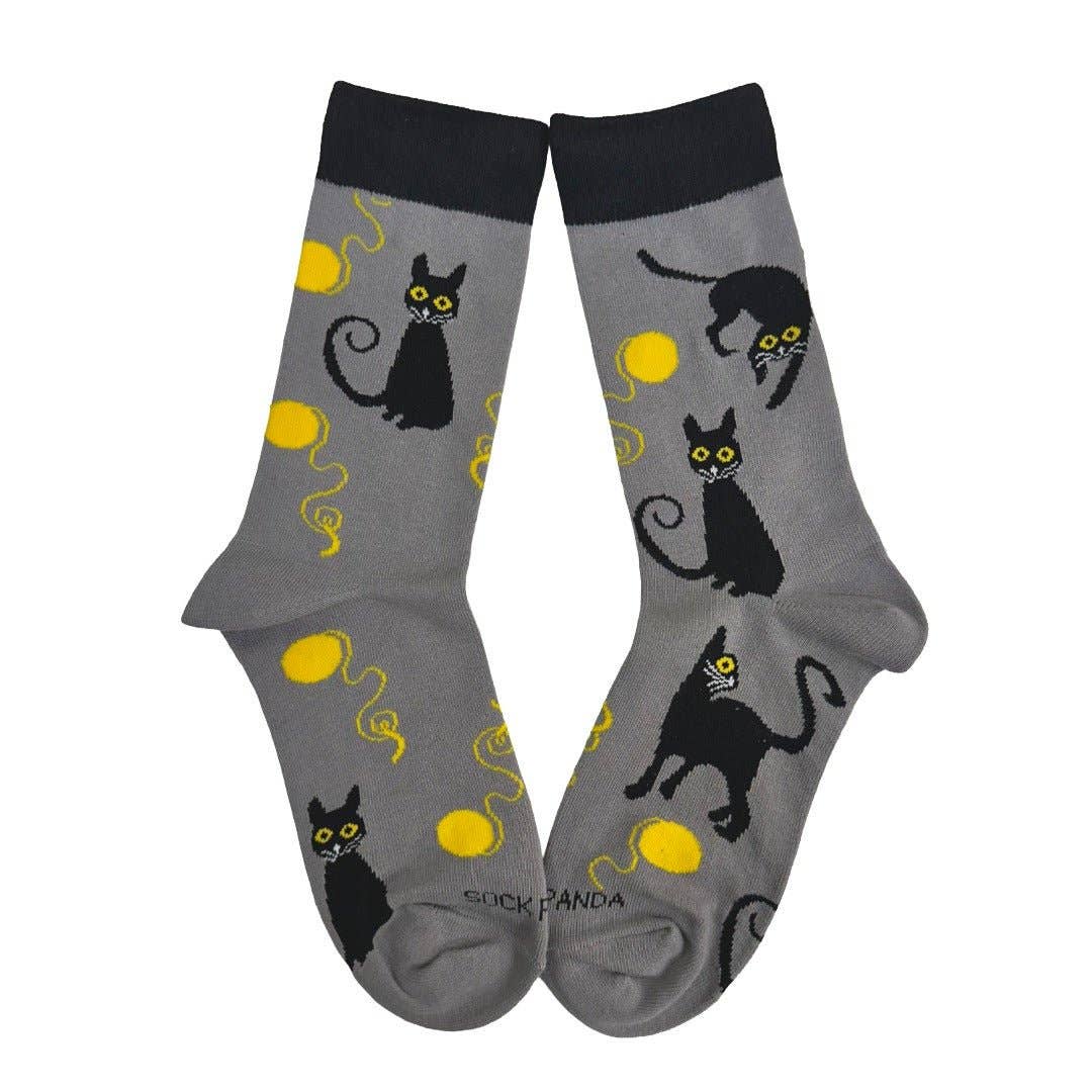 Black Cat Playing with Yarn Socks (Adult Medium)
