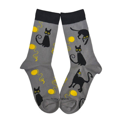 Black Cat Playing with Yarn Socks (Adult Medium)