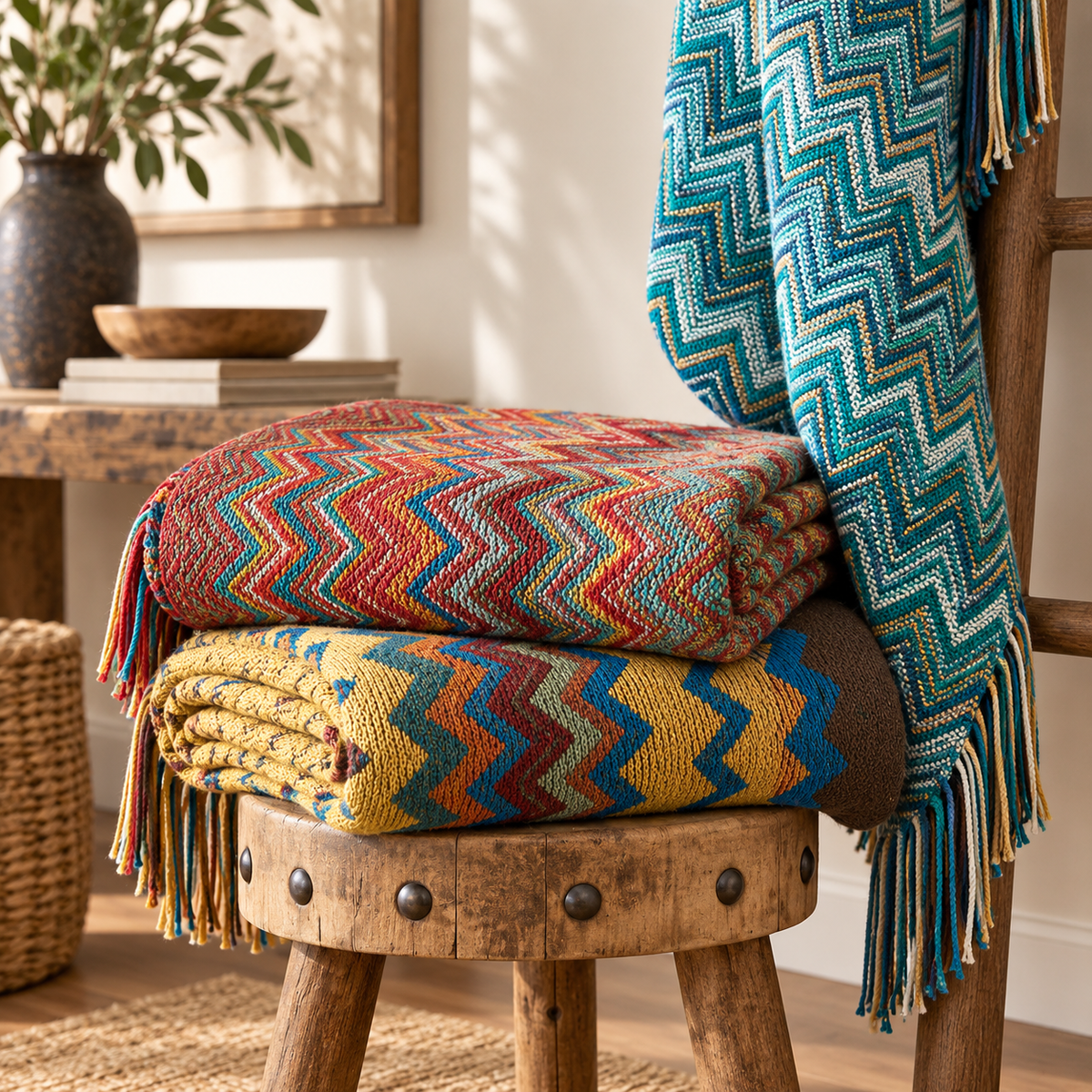 Zigzag Soft Boho Throw Blanket with Tassels