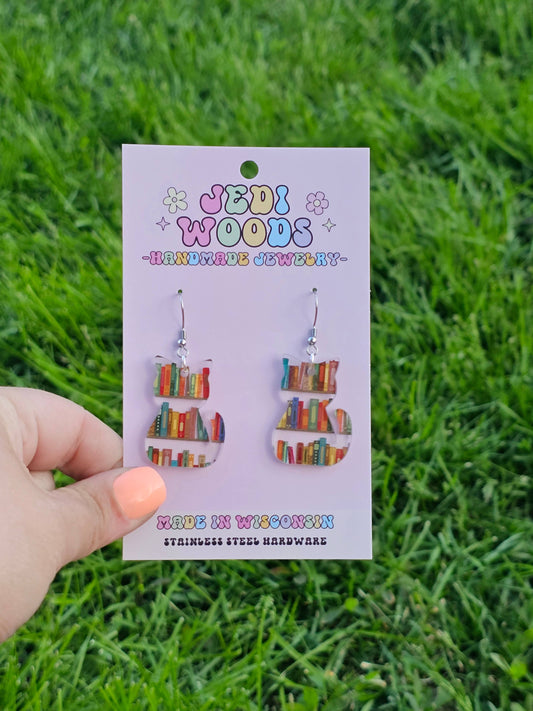 Book Shelf Cat Shaped Acrylic Earrings