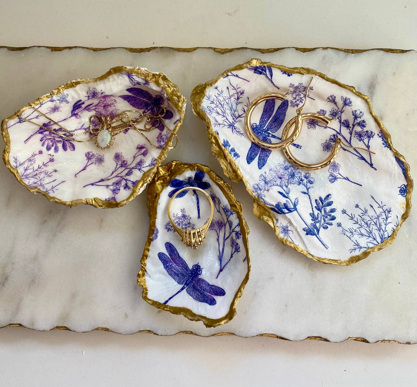 Dragonfly Print Oyster Shell Jewelry Dish