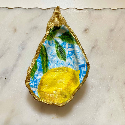 Lemon Tile Print Oyster Jewelry Dish