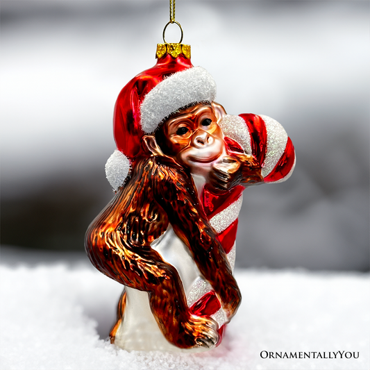 Monkey w/Candy Cane Glass Ornament