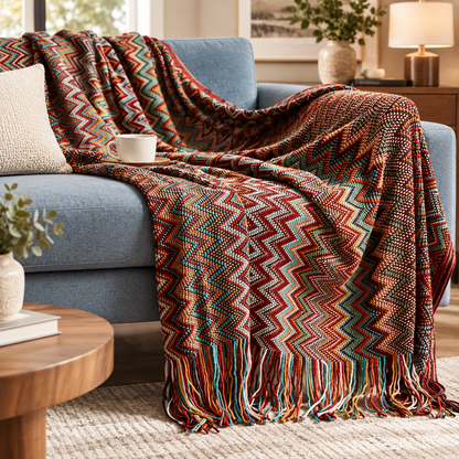 Zigzag Soft Boho Throw Blanket with Tassels