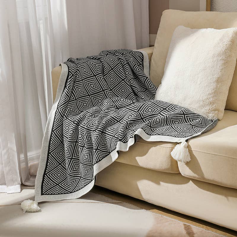 Geometric Diamond Check 50"x60" Throw Blanket with Tassel