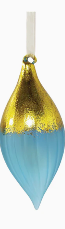 Christmas Boho Shimmering Gold Glass Ornament- Lt Blue