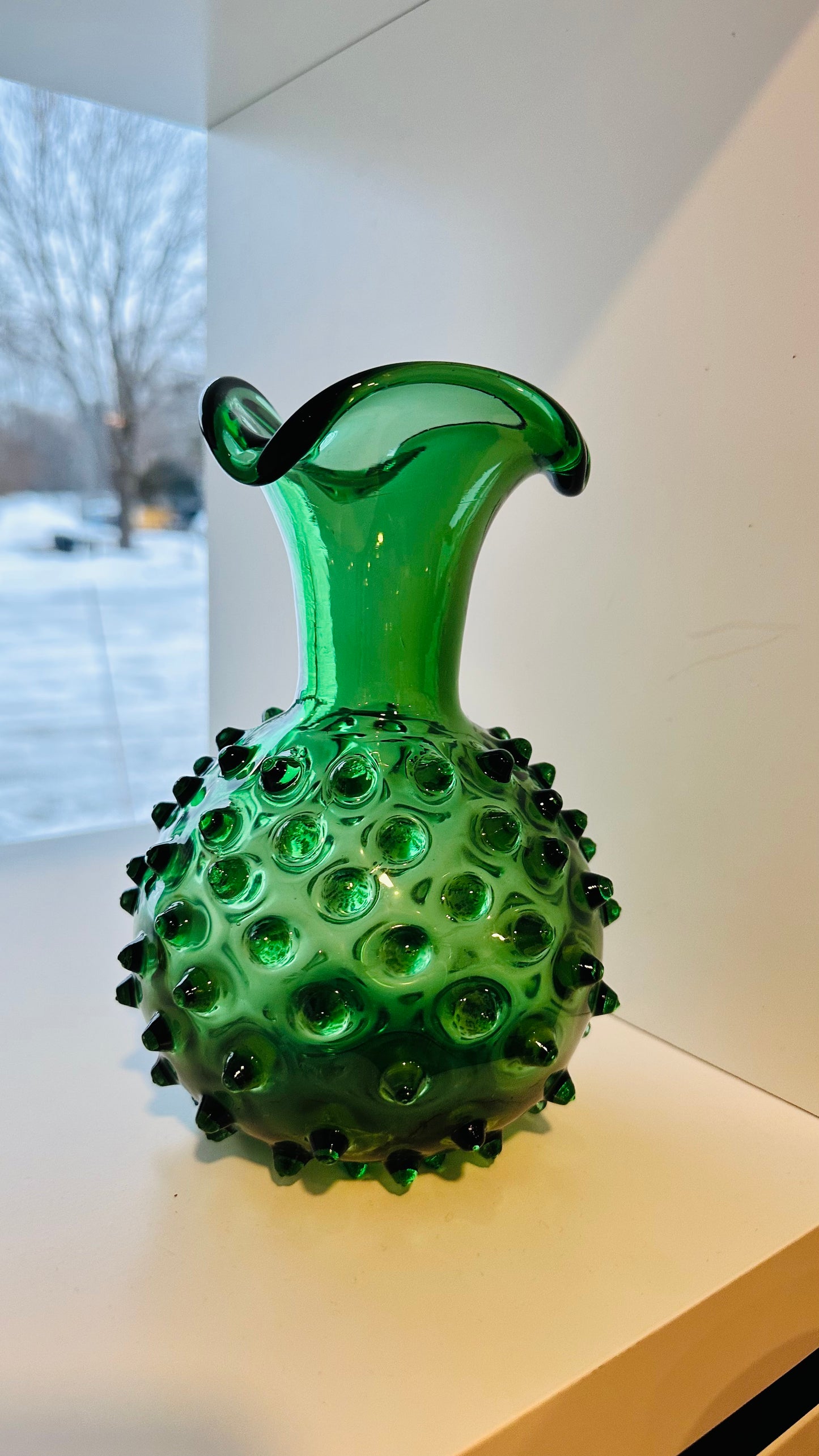 MCM Green Glass Hobnail Vase