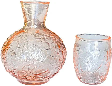 Pink Depression Glass Bedside Water Carafe w/Glass