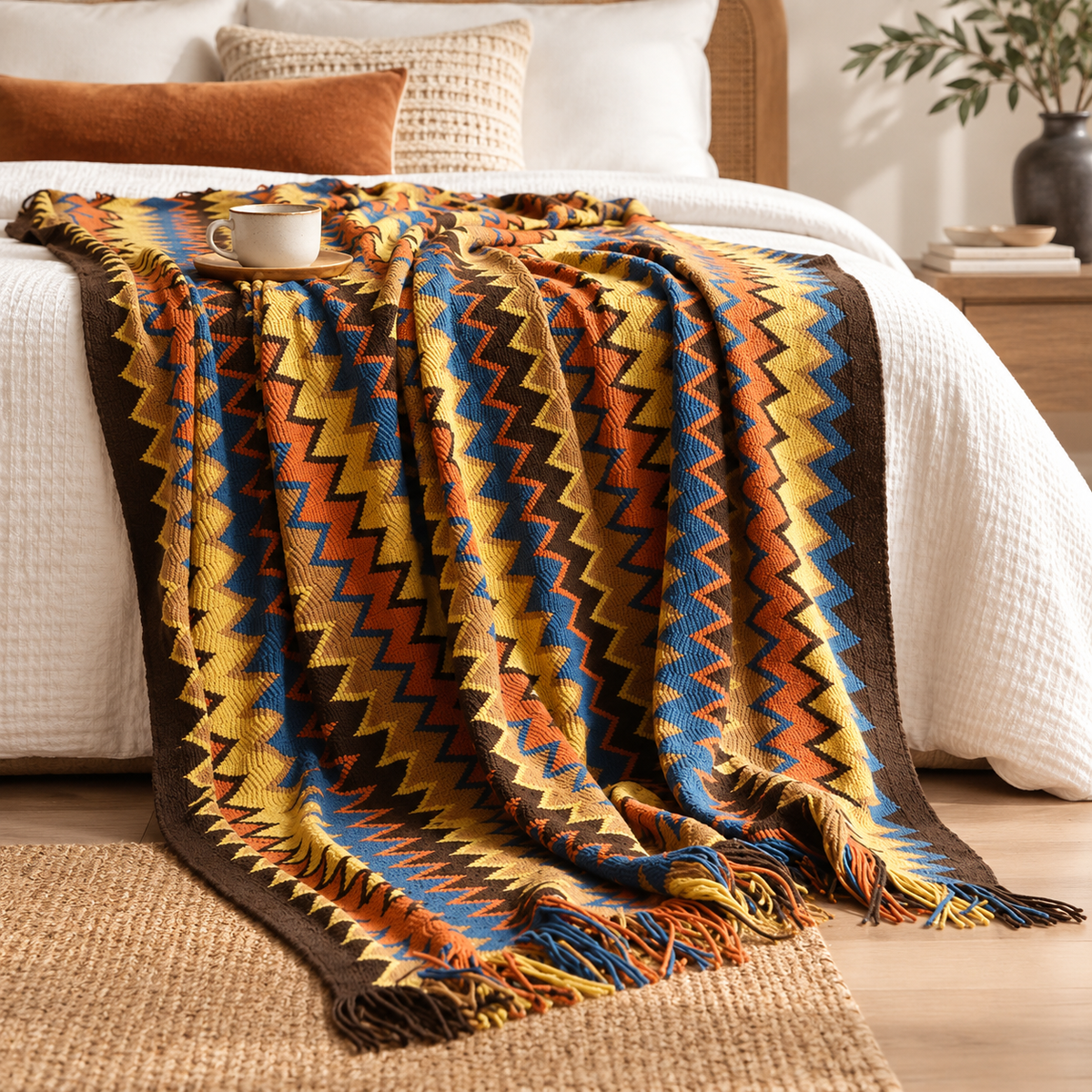 Zigzag Soft Boho Throw Blanket with Tassels