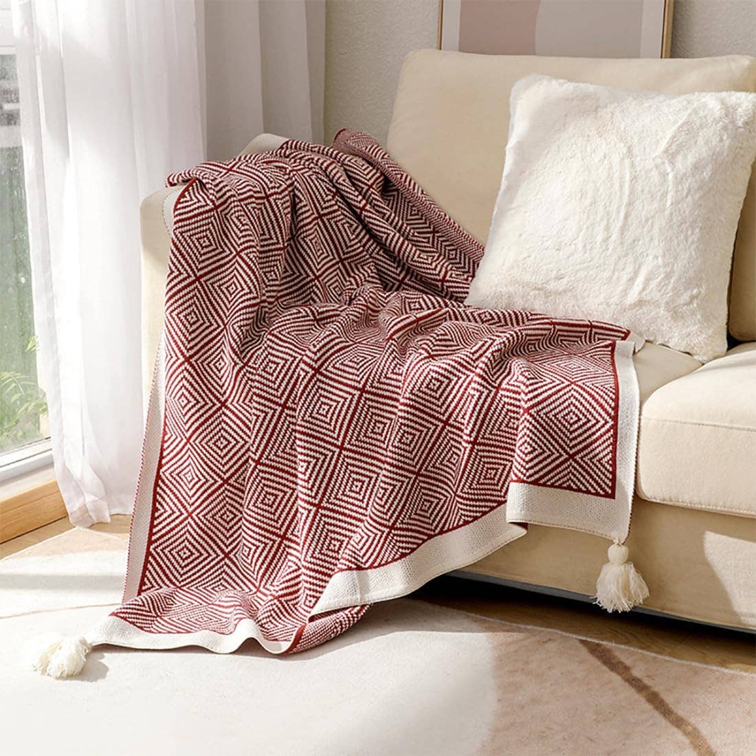 Geometric Diamond Check 50"x60" Throw Blanket with Tassel