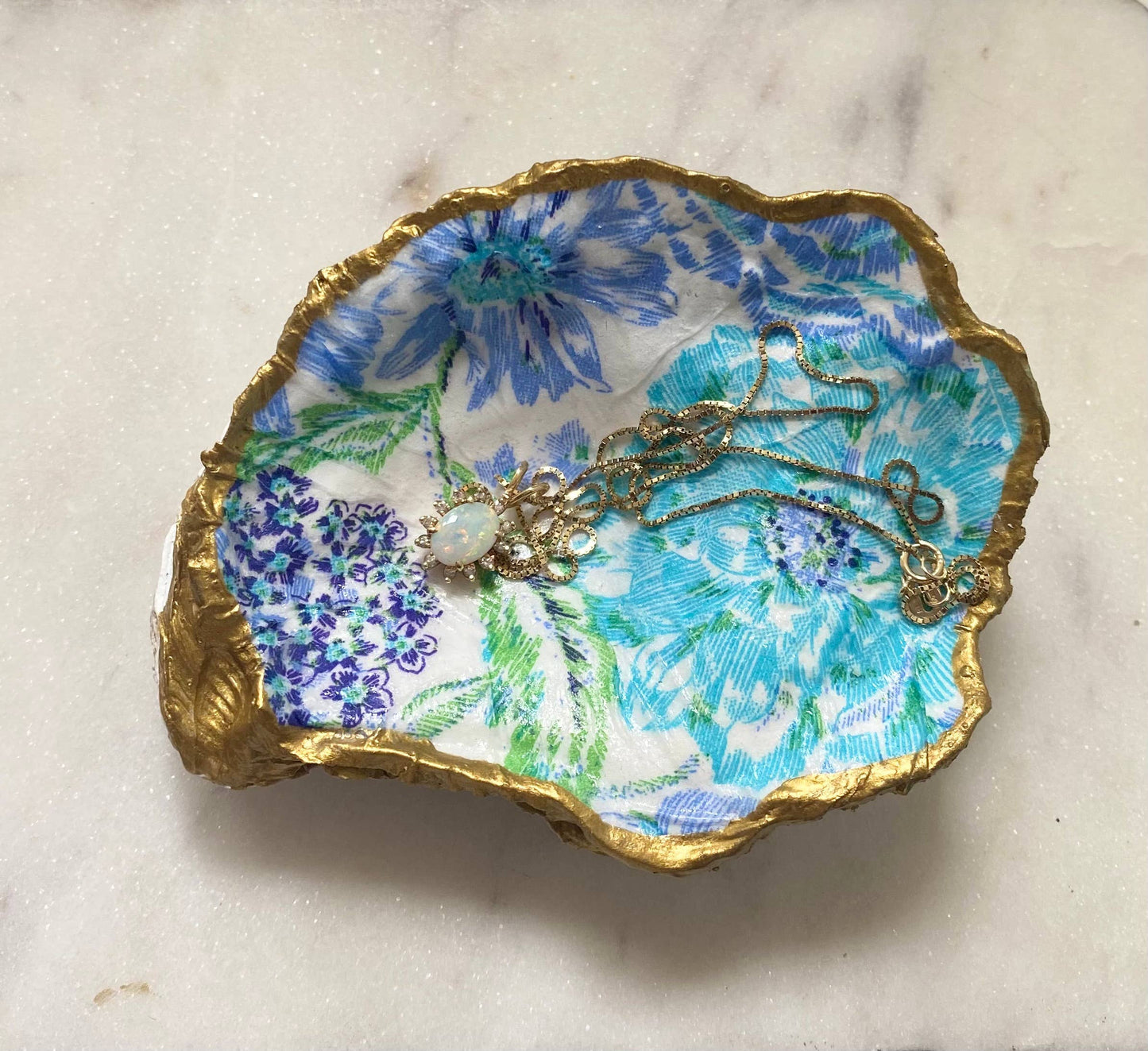 Turquoise Print Oyster Shell Jewelry Dish