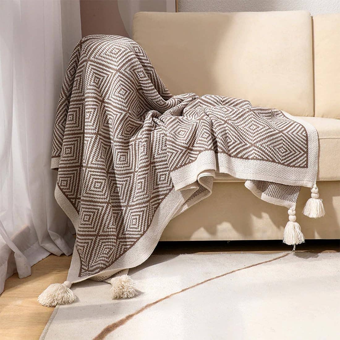 Geometric Diamond Check 50"x60" Throw Blanket with Tassel