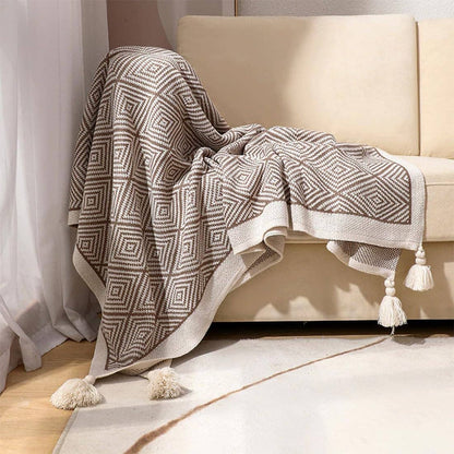 Geometric Diamond Check 50"x60" Throw Blanket with Tassel