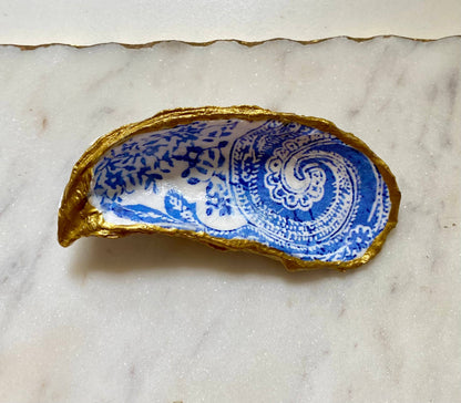 Blue Paisley Oyster Shell Jewelry Dish