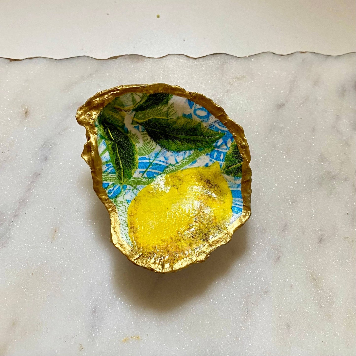 Lemon Tile Print Oyster Jewelry Dish