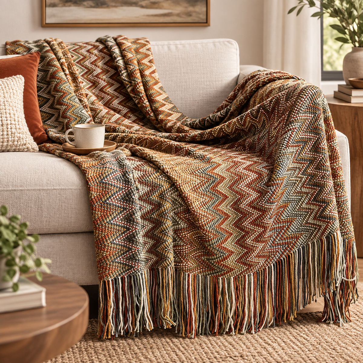 Zigzag Soft Boho Throw Blanket with Tassels