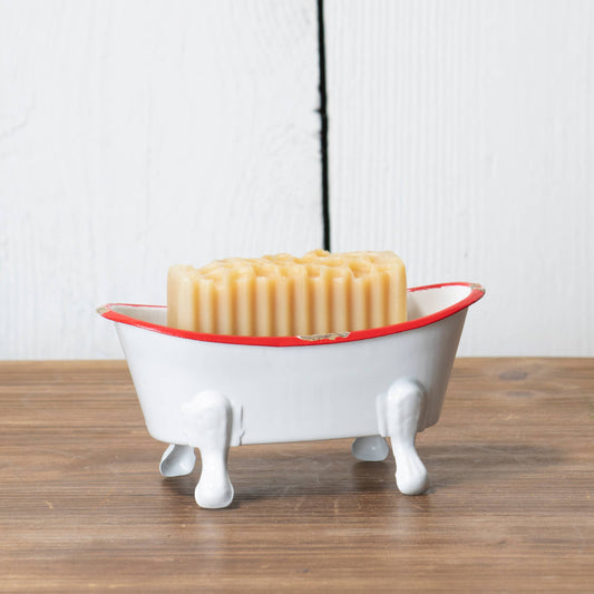 Red Distressed Rim White Enamel Bathtub Soap Dish