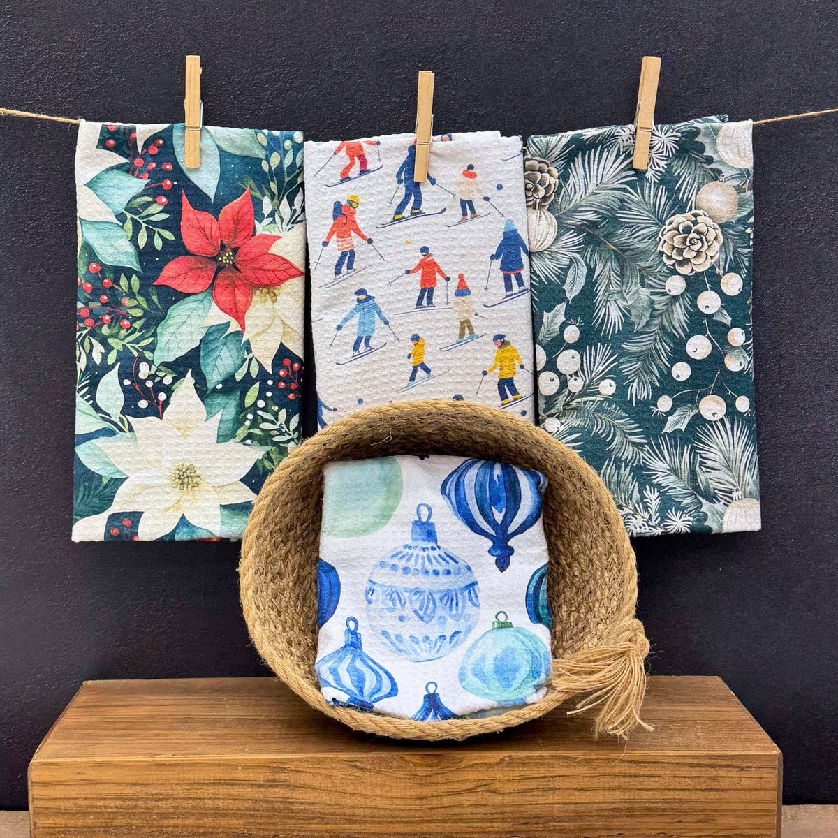 Blue Christmas Ornaments - Holiday Decor Waffle Tea Towels