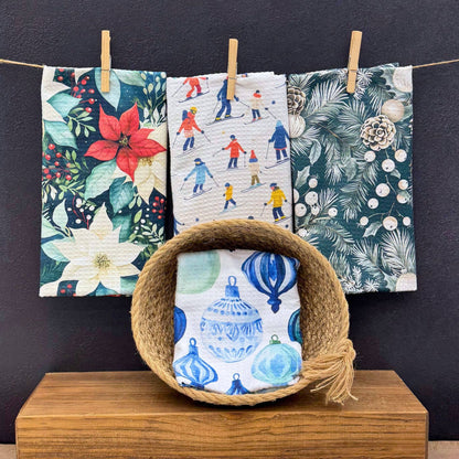 Blue Christmas Ornaments - Holiday Decor Waffle Tea Towels