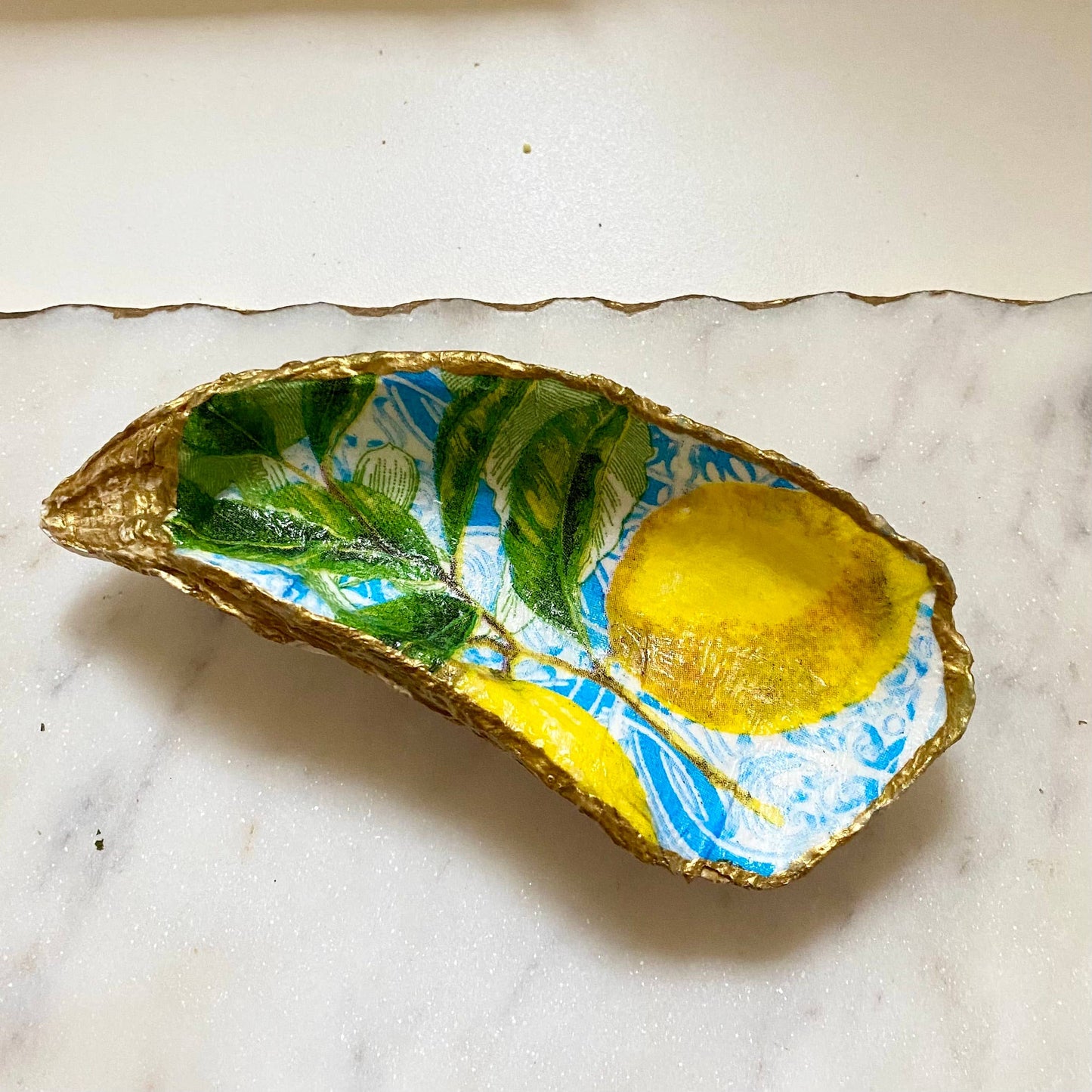 Lemon Tile Print Oyster Jewelry Dish